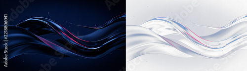 Abstract flowing liquid waves in dark blue and light silver colors, 3d render of glossy fluid motion, elegant background for design projects isolated on transparent background