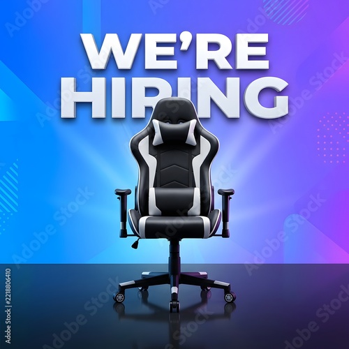 We’re Hiring Banner with Black Gaming Chair on Blue Purple Gradient Background