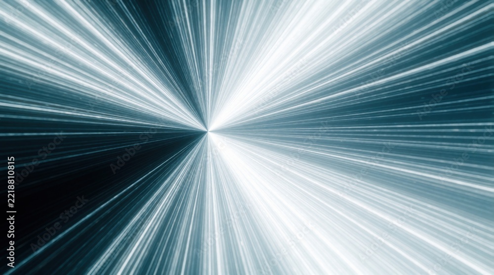 Fototapeta premium Abstract white light rays burst from central point in dark blue space. Dynamic motion lines create sense of speed, deep perspective. Glowing energy streaks form futuristic tunnel effect with bright