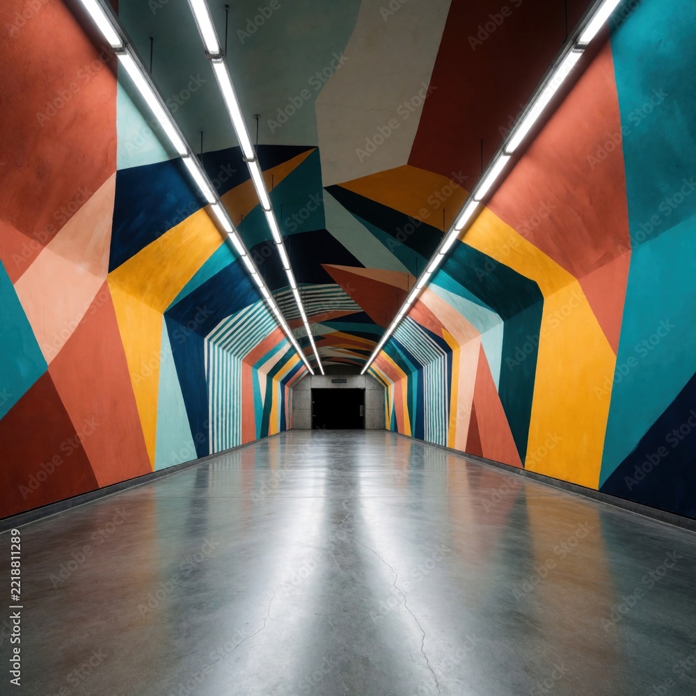 Fototapeta premium Empty underground subway station tunnel with colorful geometric mural on walls. Bright LED light strips line ceiling of modern transit hallway. Abstract art design decorates urban pedestrian walkway