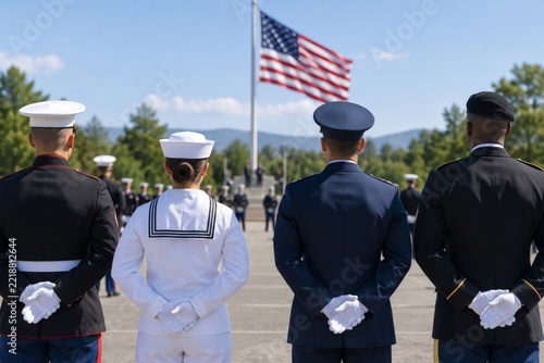 Four United States Service Members from Different Branches at Parade Rest Facing American Flag, Patriotic Military Ceremony Event