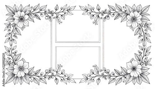 Elegant hand-drawn botanical frame with delicate floral elements surrounding a stylized letter H, ideal for sophisticated invitations, decorative monograms, and luxury stationery