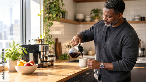 Man pouring fresh coffee in modern office kitchen — calm morning ritual, workplace culture lifestyle

