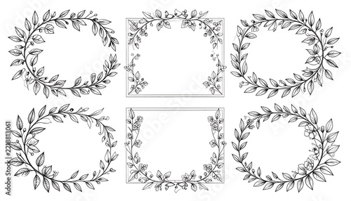 Hand-drawn collection of elegant botanical frames and exquisite floral wreaths. Versatile decorative borders for wedding invitations, greeting cards, logos, and graphic design projects
