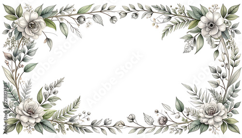 Elegant Watercolor Botanical Frame with Soft White Flowers and Greenery, Perfect for Wedding Invitations, Greeting Cards, or Decorative Borders
