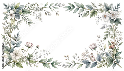 Elegant botanical watercolor frame showcasing delicate wildflowers and lush greenery, perfect for wedding invitations, greeting cards, or decorative borders