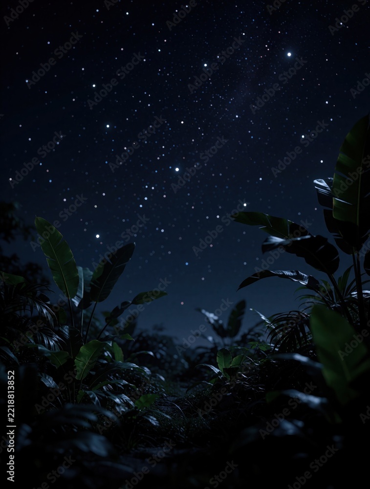 Fototapeta premium Dark night sky with bright stars above tropical plants. Rich green leaves, exotic jungle foliage under starry cosmos. Abstract blurry background with soft bokeh light. Dreamy atmospheric scene of