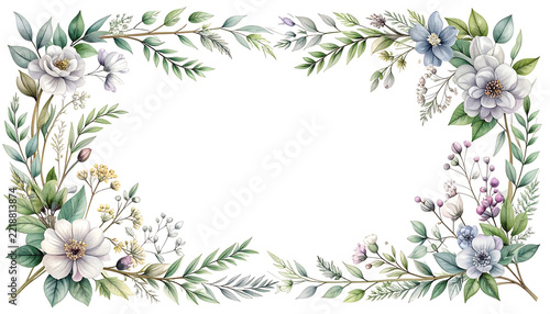 Elegant Watercolor Floral Frame with Delicate White and Blue Flowers and Green Foliage, Perfect for Invitations, Greeting Cards, or Decorative Borders