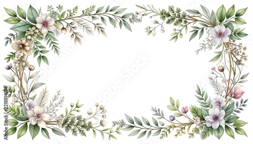 Delicate watercolor botanical frame with elegant leaves and soft blooming flowers, ideal for wedding invitations, greeting cards, and serene decorative design projects