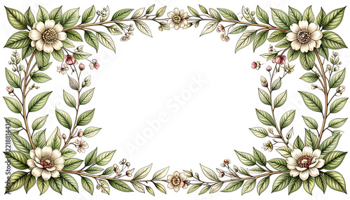 Delicate botanical frame illustration adorned with elegant green leaves and soft cream flowers, perfect for wedding invitations, greeting cards, or decorative borders