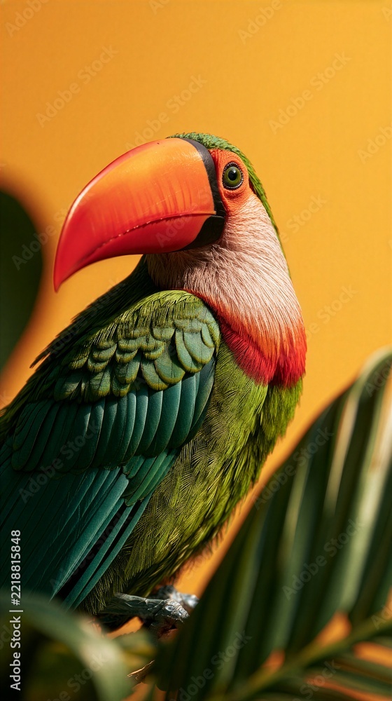 Fototapeta premium Colorful toucan portrait with red beak against yellow background