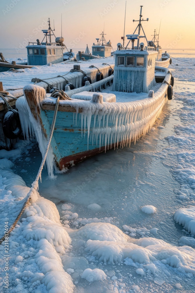 Fototapeta premium Frozen fishing boats covered in thick ice, snow at sunrise. Old vessels rest in icy harbor with long icicles hanging from hull. Winter seascape shows calm ocean with frosty maritime scene during cold