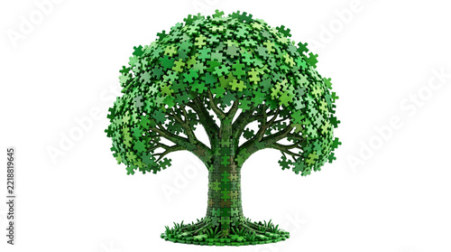 Tree composed of green jigsaw puzzle pieces on a transparent background, representing nature, growth, and solutions