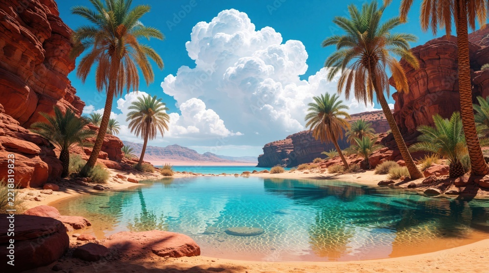 Obraz premium Tropical oasis with palm trees beside crystal clear desert pool. Red rock mountains surround turquoise lagoon under bright blue sky with big white clouds. Peaceful summer landscape for travel,