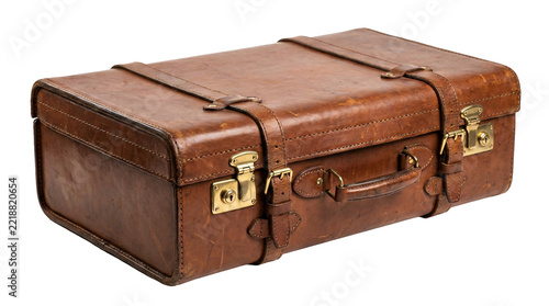 Vintage leather suitcase with brass latches and straps, isolated on a transparent background, evoking travel and nostalgia