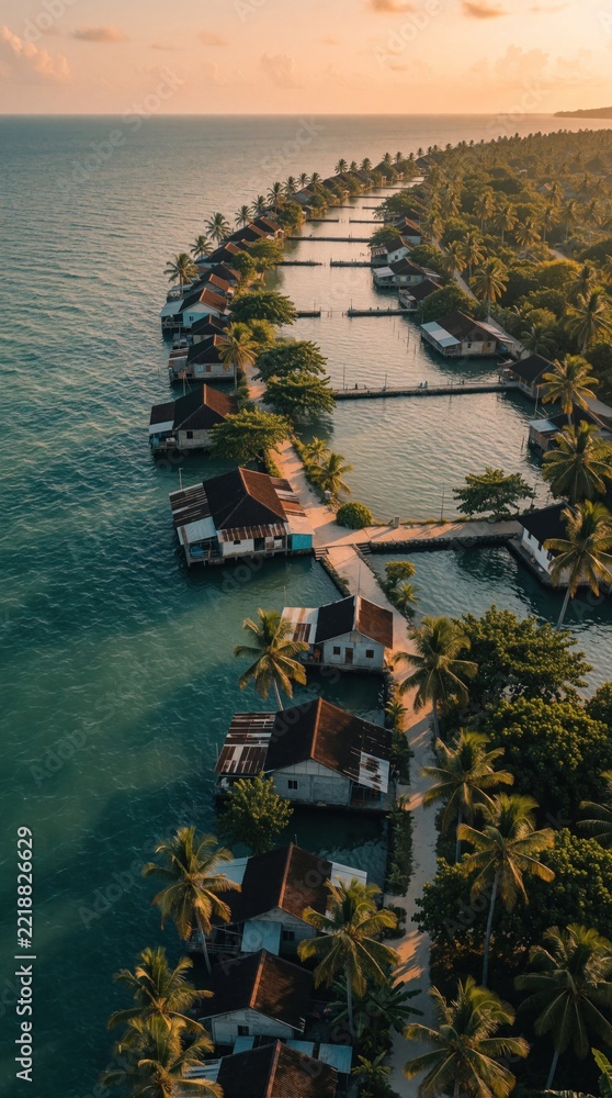 Fototapeta premium Aerial view of coastal village with wooden houses built on water. Tropical palm trees surround calm lagoon during golden sunset. Remote island community architecture sits along ocean shore under warm