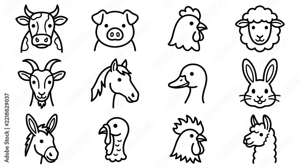 Fototapeta premium Set of cute farm animal head icons including cow pig chicken sheep goat horse duck rabbit donkey turkey and llama faces