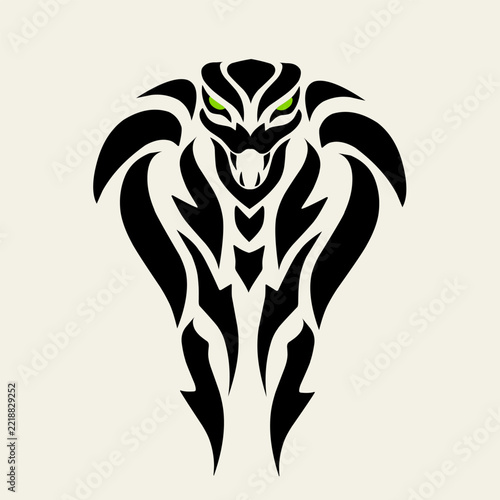 Stylized king cobra snake head tattoo design with green eyes isolated on a plain background