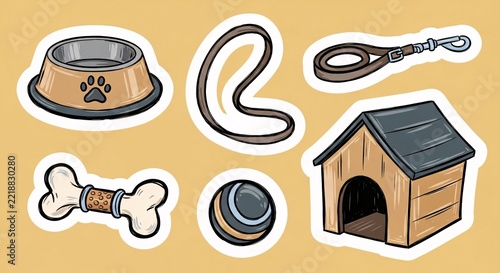 Hand-drawn dog accessories sticker set on warm background