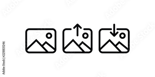 Set of image icons showing upload and download symbols for web and mobile interface design elements