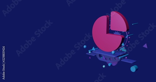 Pink pie chart symbol on a pedestal of abstract geometric shapes floating in the air. Abstract concept art with flying shapes on the right. 3d illustration on indigo background