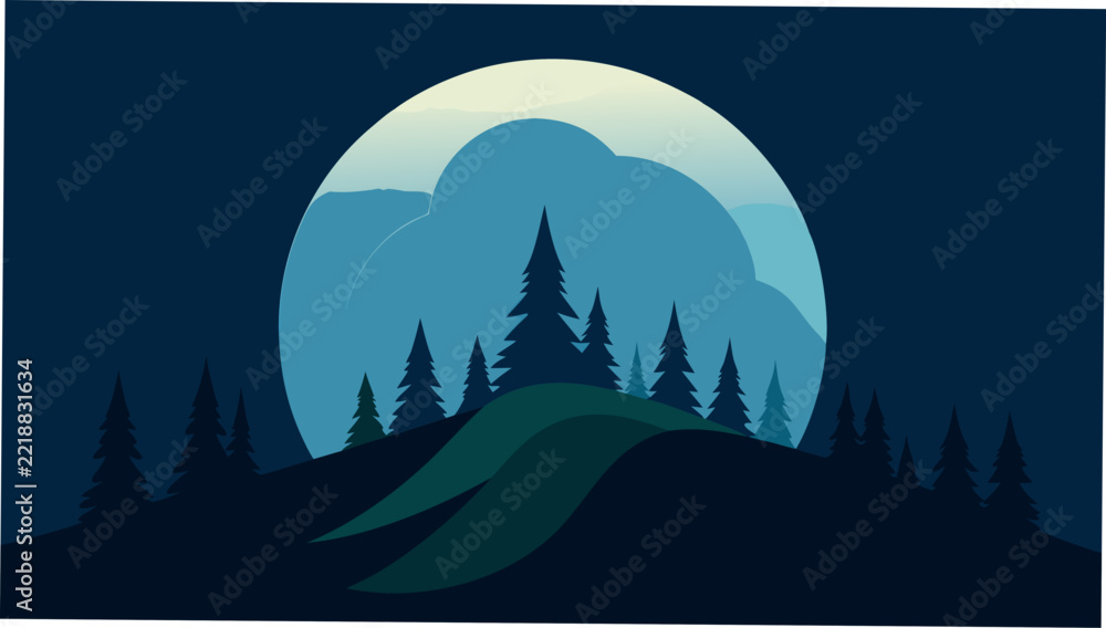 Fototapeta premium Night landscape with trees and full moon