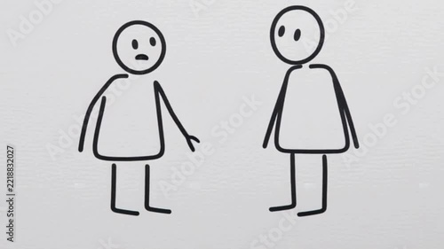 Clean minimalist stick figure animation of conversation exchange, white background