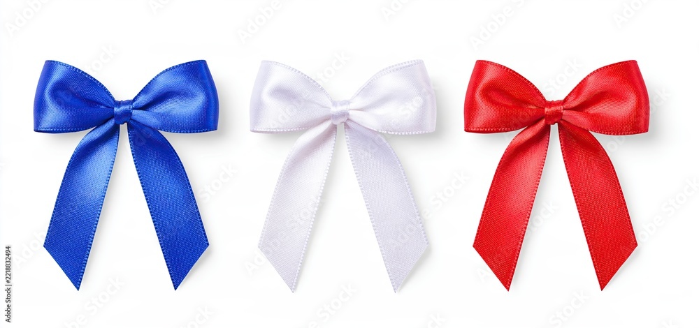 Fototapeta premium For national celebrations, colorful red, white, and blue ribbon bows suit holiday promotions and patriotic marketing campaigns.