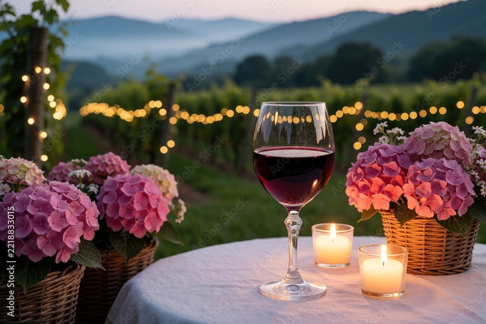 Fototapeta premium Romantic dinner setting in vineyard at dusk. Glass of red wine stands on table with lit candles, pink hydrangea flowers. Beautiful landscape with mountains, bokeh lights creates cozy atmosphere for