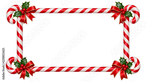 Christmas candy cane frame with holly bows, isolated on transparent background