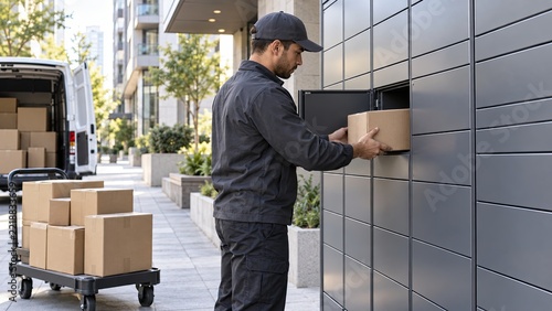 Delivery worker loading a cardboard package into a secure parcel locker beside a van, illustrating last-mile delivery infrastructure and logistics operations.