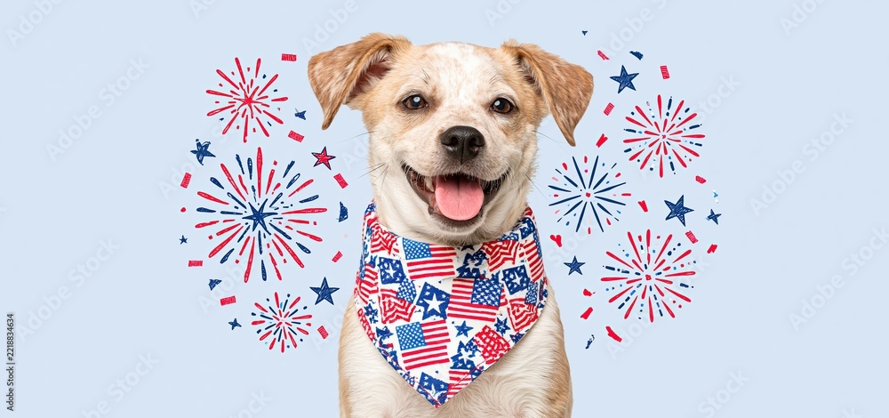 Fototapeta premium Outdoor holiday scene with fireworks and confetti featuring a joyful dog in a red, white, and blue bandana.