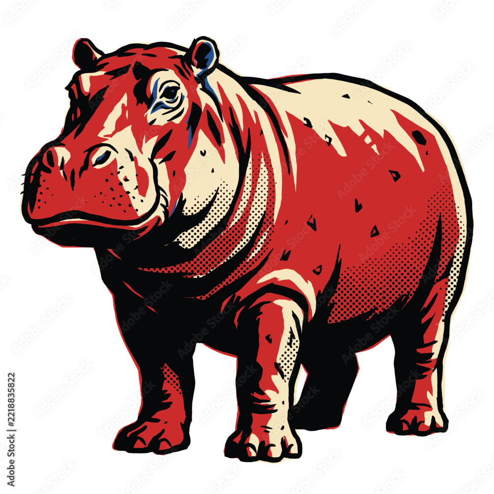 Fototapeta premium Stylized Illustration of a Red Hippopotamus with Bold Lines and Halftone Dots