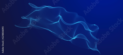 Waves transmit silent codes through a luminous matrix. Particles pulse with digital motion. 3D rendering.