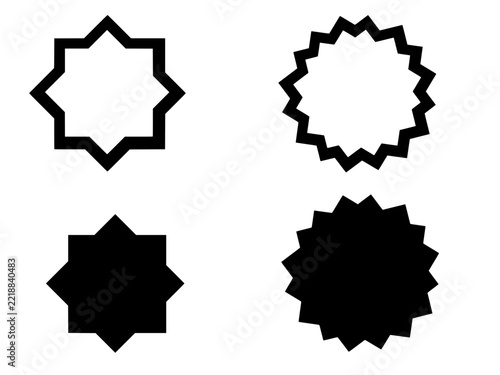 Set of star and badge sunburst shapes in outline and solid styles with star icon