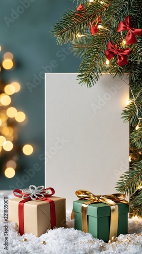 Festive greenery frames a blank card beside two wrapped gifts