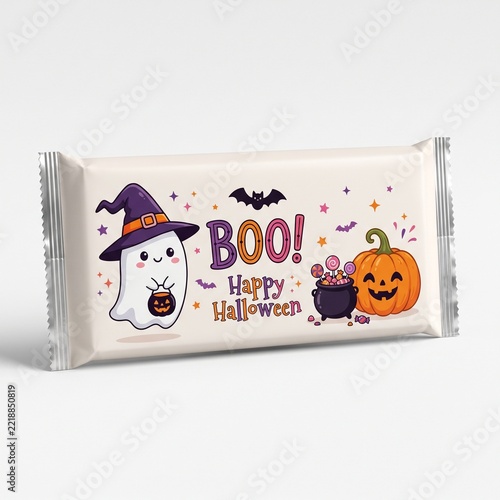 Halloween Chocolate Bar Wrapper Featuring Cute Ghost, Witch Hat, Pumpkin.