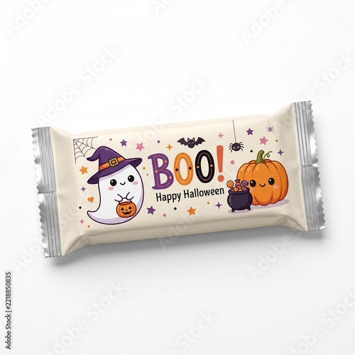 Halloween Chocolate Bar Wrapper Featuring Cute Ghost, Witch Hat, Pumpkin.