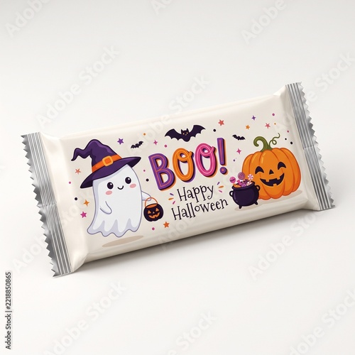 Halloween Chocolate Bar Wrapper Featuring Cute Ghost, Witch Hat, Pumpkin.