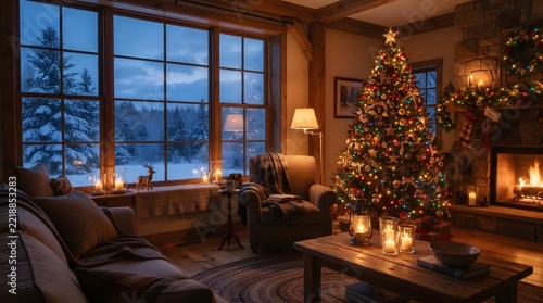 Festive living room decorated for christmas with a glowing tree, fireplace, and a peaceful view of a snowy landscape through large windows at dusk