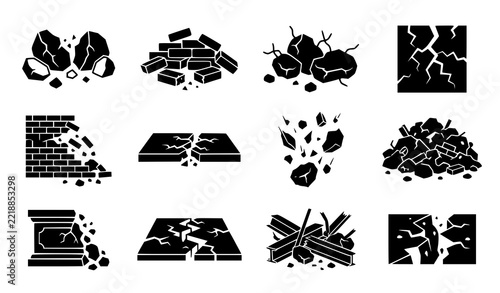 Untitled design - Rubble Broken Concrete Bricks and Disaster Debris Black Glyph Icon Set