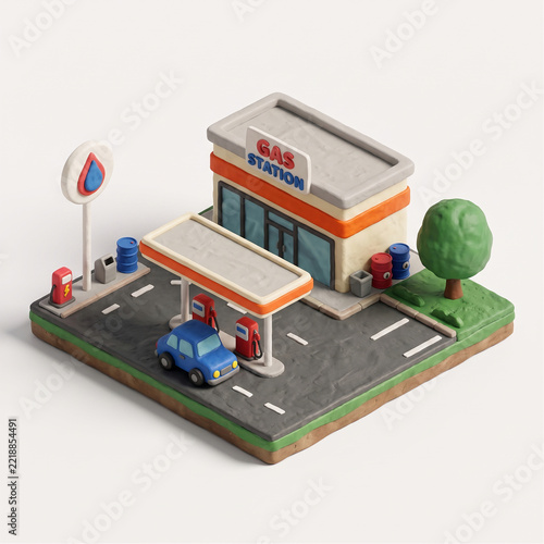 Isometric Gas Station Clay Miniatur 3D Clipart Illustration
