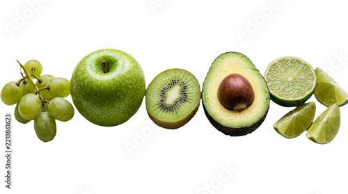 Green fruit collection with apple, kiwi, avocado and lime isolated on white background. Green fruit png transparent, fruit set, fresh fruit, healthy food, vitamins, kiwi slices, lime, organic, diet