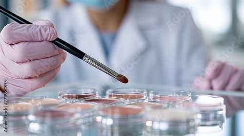 Scientist holds brush near makeup samples