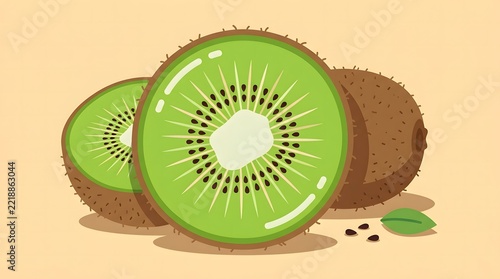Fresh Green Kiwi Fruit Slices with Whole Kiwi and Botanical Leaves on a Beige Background