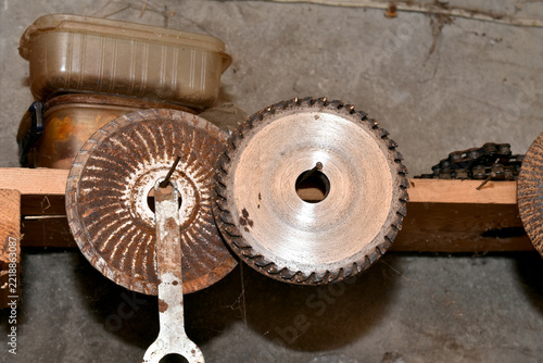 Old metal saw blades for an angle grinder.