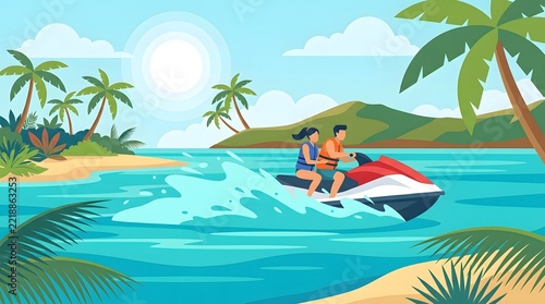Jet Ski Adventure on Tropical Beach with Turquoise Ocean, Palm Trees and Sunny Summer Landscape – Vector Illustration