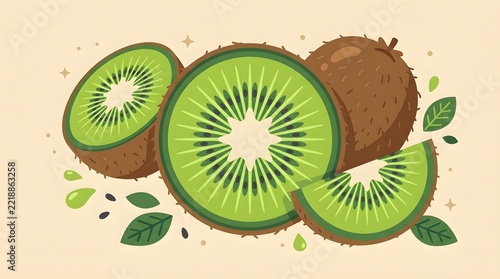 Fresh Green Kiwi Fruit Slices with Whole Kiwi and Botanical Leaves on a Beige Background