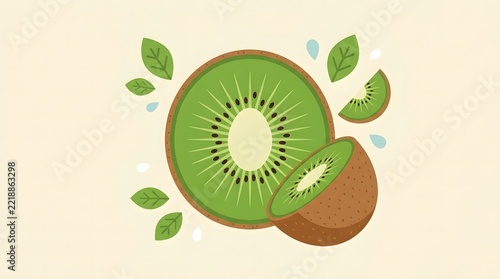 Fresh Green Kiwi Fruit Slices with Whole Kiwi and Botanical Leaves on a Beige Background