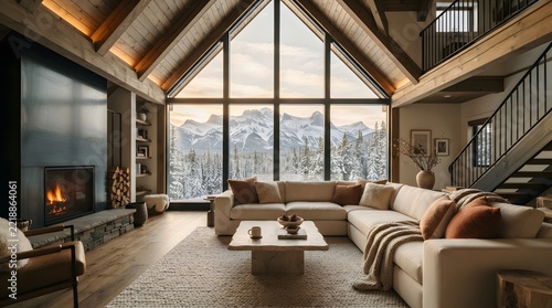 Modern mountain cabin living room with high vaulted ceilings, large windows, and a scenic view of snowcovered mountains during winter
